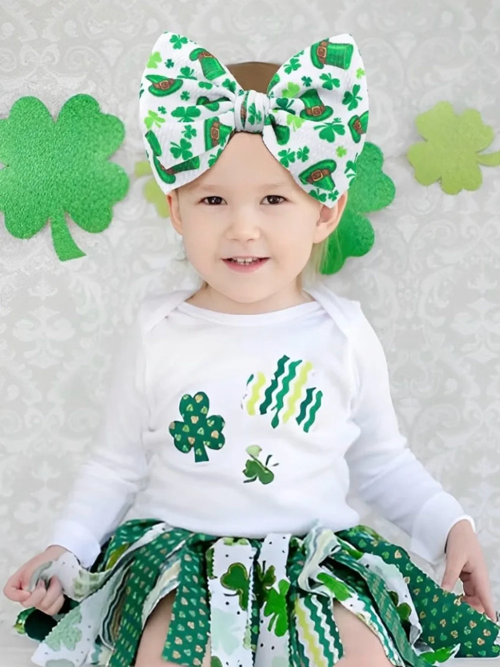 2 St. Patrick’s Day Baby Girl Oversized Bow Headbands Shamrock Green